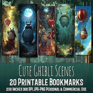 May include: Set of 20 printable bookmarks featuring cute scenes from Studio Ghibli films. Each bookmark is 2 inches by 6 inches and 300 DPI. The bookmarks are available in JPG and PNG formats. Personal and commercial use is allowed.