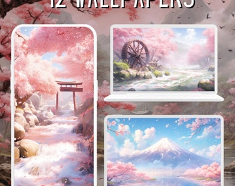 12 Cherry Blossom Landscape Wallpaper Bundle, Japan Wallpaper, Desktop Wallpaper, Mobile Phone Wallpaper, Japanese Art, Clipart Bundle
