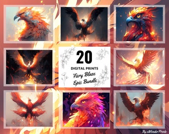 Ilustración de Phoenix Arte de pared imprimible / Conjunto de 20 impresiones / Decoración del hogar de fantasía / Descarga digital instantánea / Arte imprimible / Impresión digital