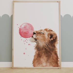 Playful Lion Cub Blowing Bubblegum - Fun Safari Wall Art Print