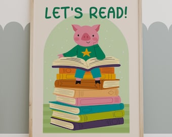 Pig Reading Print, Kids Wall Art, Reading Art, Playroom & Classroom Decor, Cute Animal Illustration