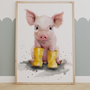 Adorable Piglet in Yellow Rain Boots - Whimsical Farm Art