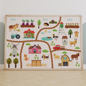 Art mural de pépinière de ferme, carte éducative de la ferme avec animaux et tracteur, décoration pastorale de chambre d'enfants