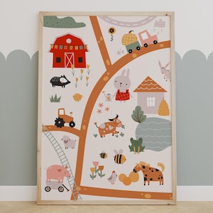 Skurrile Farmtier Karte Wandkunst, druckbares Poster zum Thema Bauernhof, Kinderzimmer Dekor, Kinderzimmer Landschaftsszene