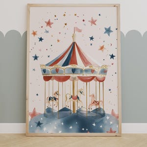 Wunderbares Karussell-Wandbild, druckbares Poster zum Thema Vintage Karneval, Rummelplatzdekor, magisches Kinderzimmer-Kunstwerk