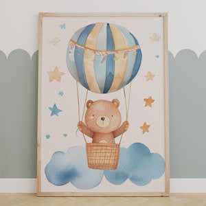 Süßer Teddybär im Heißluftballon, Kinderzimmer Dekor, Kinderzimmer Dekor, minimalistisches Kunstwerk, Kinderzimmer Dekor