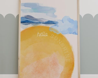Hello Sunshine Wall Art, Watercolor Sun and Sky Printable Poster, Minimalist Nature-Inspired Decor, Whimsical Kids Room Artwork
