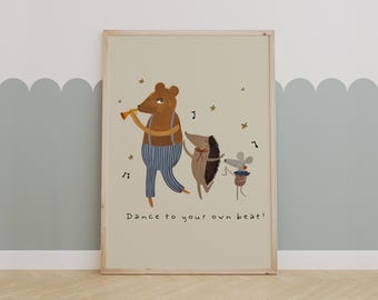 Dance to Your Own Beat – Whimsical Animal Band Art for Kids' Room