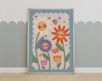 Smiley Flowers Wall Art, Cute Floral Nursery Print, Whimsical Kids&#39; Room Decor, Retro Botanical Illustration