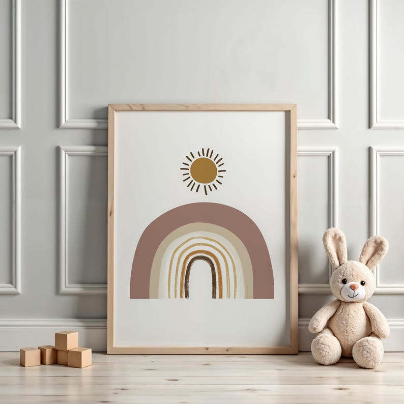 Boho Rainbow Nursery Art With Sun, Neutral Wall Print for Baby Room ...