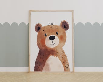 Woodland Bear Nursery Wall Art for Kids Room, Cute Animal Baby Decor