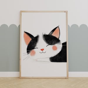 Sleeping Cat Nursery Art Print, Cute Black and White Kitty Wall Decor, Whimsical Baby Room Illustration for Kids and Toddlers