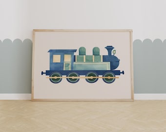 Whimsical Blue Steam Train - Kids Room Transportation Poster