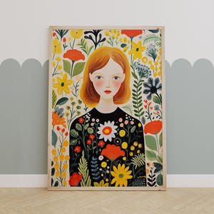 Floral Girl Portrait – Bright Whimsical Wall Art for Kids and Nursery Decor