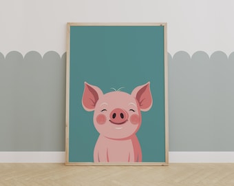 Cute Pig Nursery Wall Art Print, Pink Piglet Farm Animal Poster for Kids Room or Baby Girl Boy Farmhouse Decor