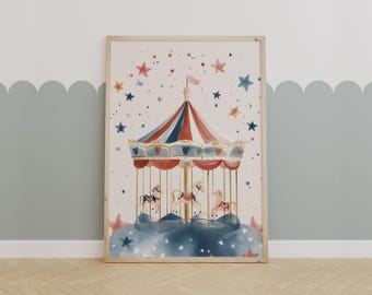 Whimsical Carousel Wall Art, Vintage Carnival-Themed Printable Poster, Nursery Fairground Decor, Magical Kids Room Artwork