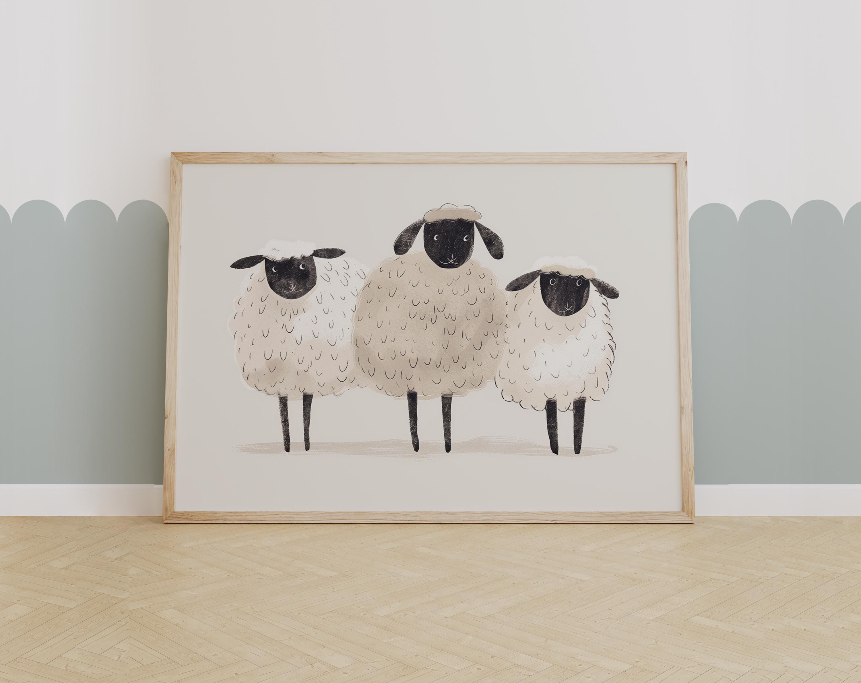 Cute Sheep Trio Print – Minimal Farm Animal Wall Art for Nursery or Kids Room