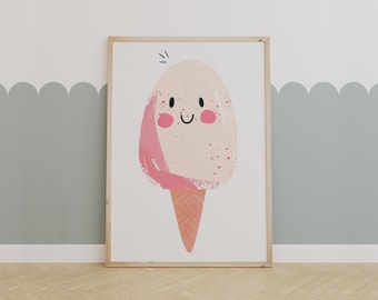 Cute Ice Cream Cone Printable Wall Art – Kawaii Dessert Illustration for Nursery, Kids Room or Playroom Decor