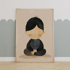 Mindful Meditating Boy Art Print – Calm Kids Room Decor for Nursery or Playroom Wall Art