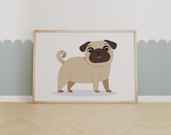 Adorable Pug Wall Art Print, Cute Dog Nursery Decor, Animal Illustration for Kids Room, Playroom or Baby Shower Gift