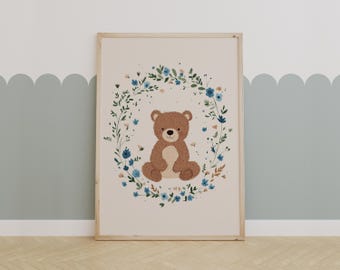 Sweet Teddy Bear in Floral Wreath – Nursery Animal Print for Kids Wall Art Decor