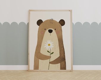 Cute Bear with Daisy Print - Woodland Nursery Wall Art for Kids Room Decor