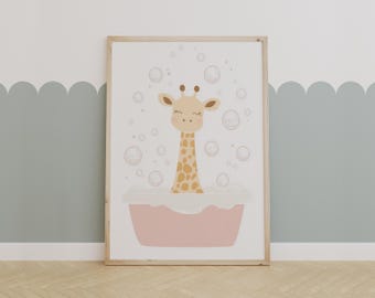Cute Giraffe Bubble Bath Nursery Art, Playful Animal Wall Print for Kids Bathroom or Baby Room