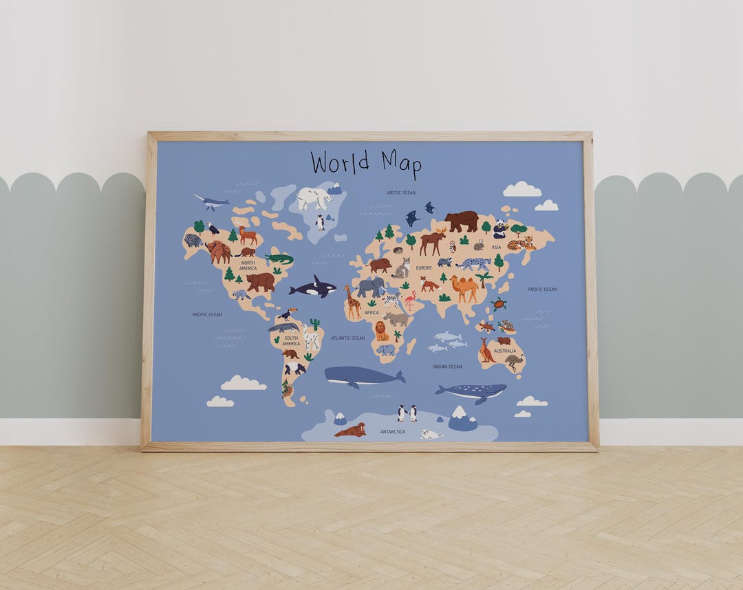 Cute Animal World Map Poster for Kids Room Decor, Educational Safari ...