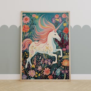 Whimsical Unicorn Nursery Wall Art – Floral Fairytale Printable for Kids Room or Baby Girl Nursery Decor