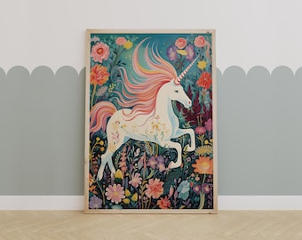 Whimsical Unicorn Nursery Wall Art – Floral Fairytale Printable for Kids Room or Baby Girl Nursery Decor