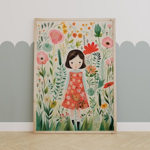 Floral Girl Wall Art – Whimsical Garden Illustration for Nursery or Kids Room Decor