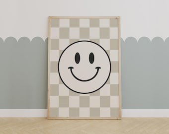 Smiley Face Art Print | Checkered Modern Wall Decor | Minimalist Happy Poster | Fun Kids Room Artwork | Playful Room Decor