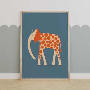 Whimsical Elephant Nursery Art Print, Giraffe-Spotted Safari Animal Wall Decor, Playful Animal Illustration for Kids Room or Baby Decor