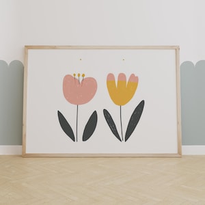 Moderne minimale Blumenkunst - Skandinavischer Blumendruck, verspielte rosa und gelbe Wanddekoration für Kinderzimmer oder Kinderzimmer