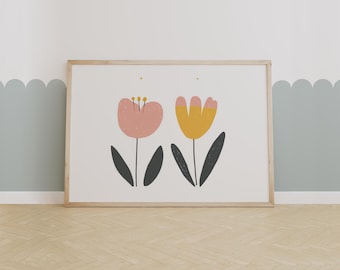 Modern Minimal Flower Art – Scandinavian Floral Print, Playful Pink and Yellow Wall Decor for Kids Room or Nursery