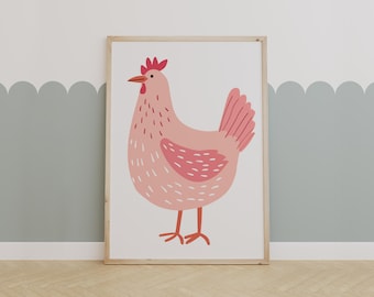 Pink Chicken Nursery Wall Art – Farm Animal for Kids Room or Playroom Decor