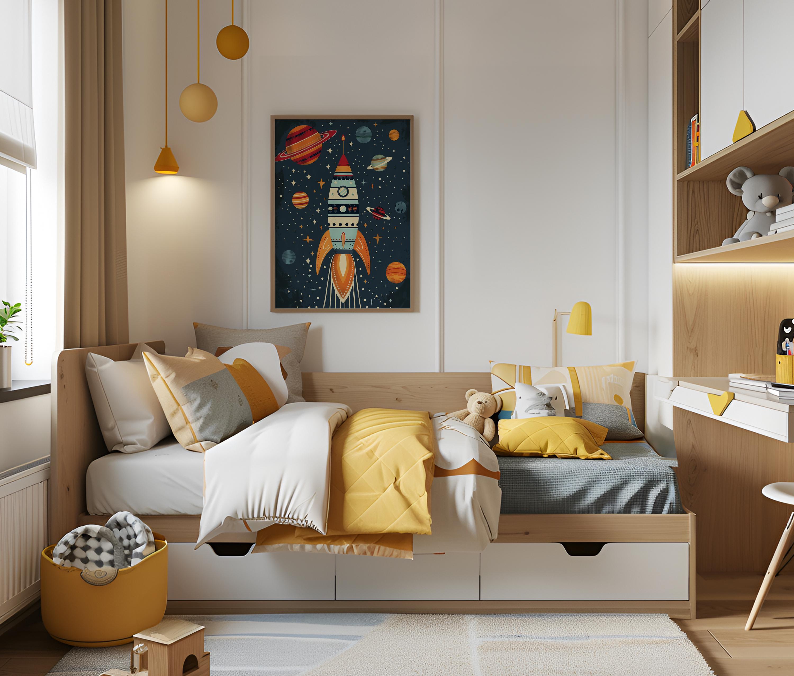 Retro Rocket Ship Wall Art for Kids Room | Space Nursery Decor ...