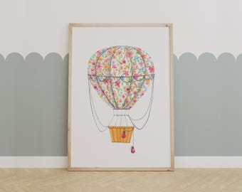 Floral Hot Air Balloon Nursery Print,Whimsical Watercolor Balloon Wall Decor,Feminine Adventure Baby Room Art,Pastel Kids Room Illustration