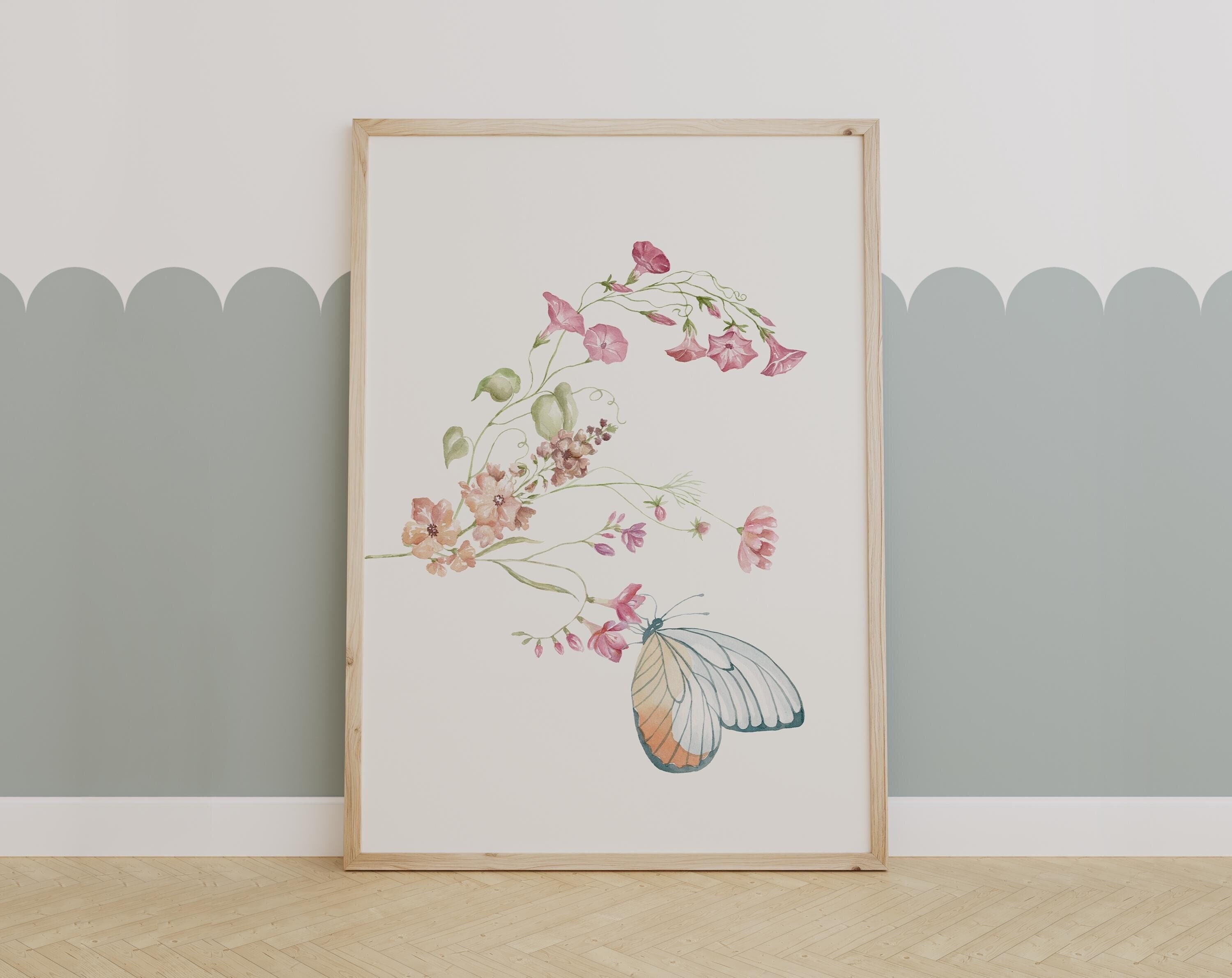 Delicate Watercolor Floral and Butterfly Wall Art, Pastel Botanical Print, Nature-Inspired Home Decor