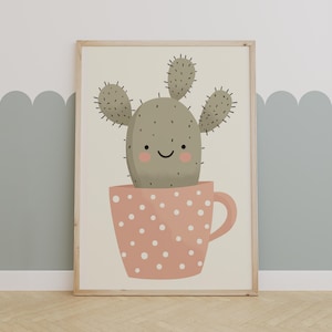Lächelnder Kaktus Kinderzimmer Druck, süße Pflanzen Wandkunst für Kinderzimmer, Kawaii Kaktus in der Tasse Illustration