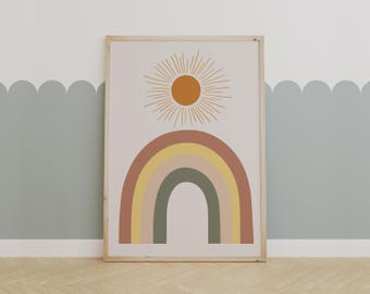 Boho Rainbow and Sun Wall Art – Neutral Printable for Kids Room or Nursery Decor