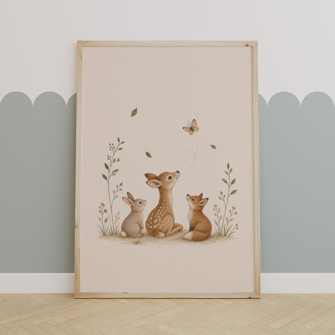 Woodland Animal Nursery Print | Deer Bunny Fox Wall Art | Neutral ...