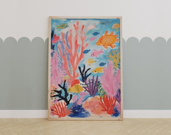 May include: A colorful painting of an underwater scene with coral reefs, fish, and sea life. The painting is done in a whimsical style with bright colors and bold lines.