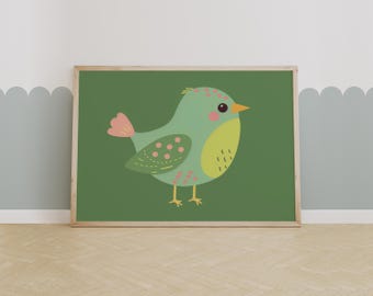 Cute Green Bird Wall Art Print, Nursery Animal Decor, Whimsical Bird Illustration, Kids Room Wall Art, Playroom Nature Print