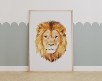 Watercolor Lion Wall Art Print – Safari Jungle Animal Nursery Decor for Kids Room