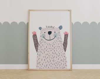 Smiling Bear Wall Art Printable – Cute Bear Illustration for Nursery, Kids Room or Woodland Animal Themed Decor