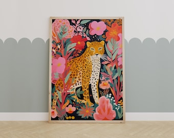 Leopard Jungle Art Print, Bold Safari Nursery Decor, Floral Animal Wall Art for Kids Room