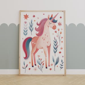Floral Unicorn Nursery Art Print, Magical Girl Room Wall Decor, Pastel Pink Whimsical Unicorn Poster for Baby or Toddler Room