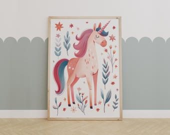 Floral Unicorn Nursery Art Print, Magical Girl Room Wall Decor, Pastel Pink Whimsical Unicorn Poster for Baby or Toddler Room