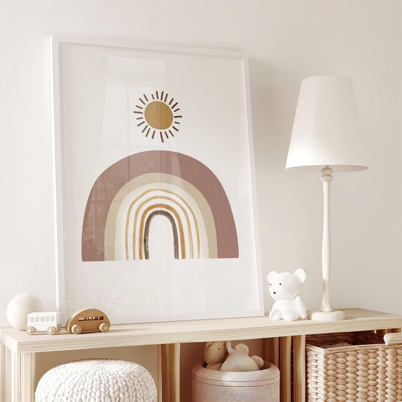 Boho Rainbow Nursery Art With Sun, Neutral Wall Print for Baby Room ...